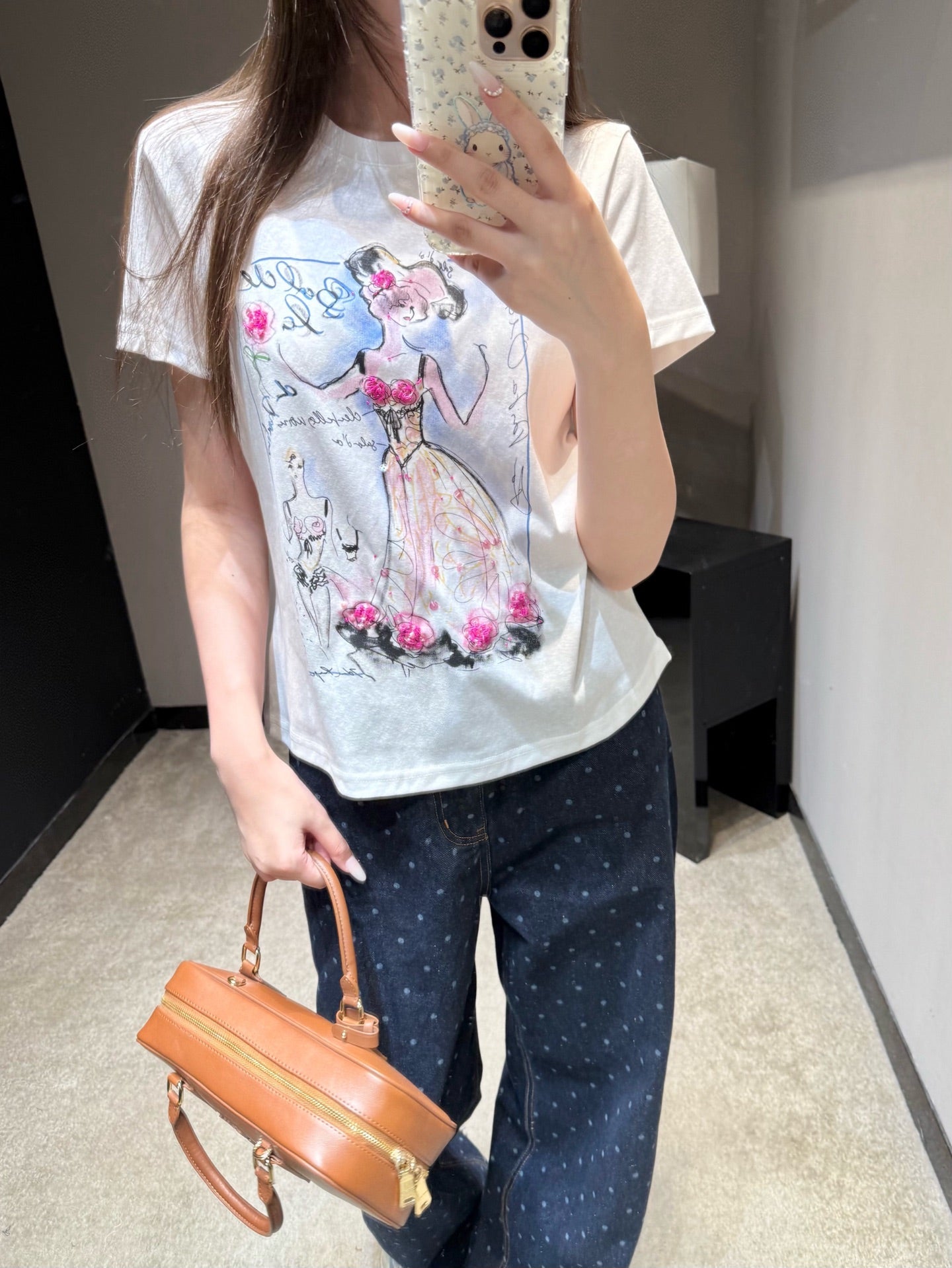 Sketch Print Rhinestone Crop Tee