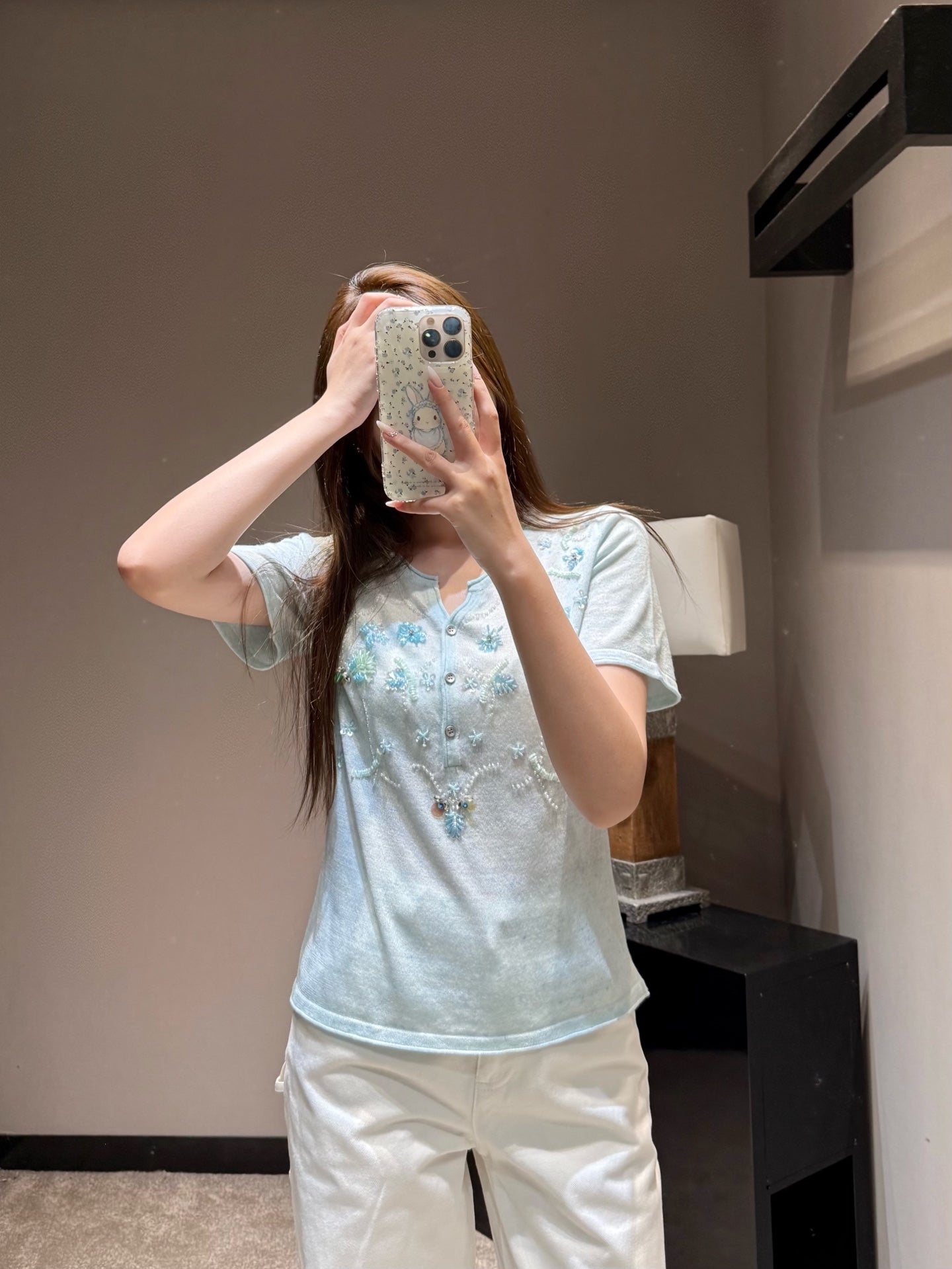 Floral Embroidered Henley Neck Knit Top