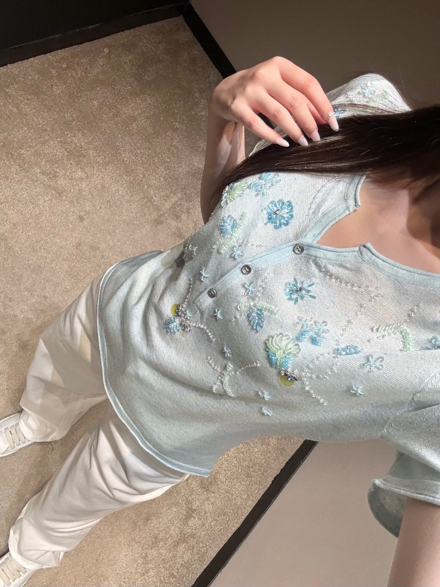 Floral Embroidered Henley Neck Knit Top