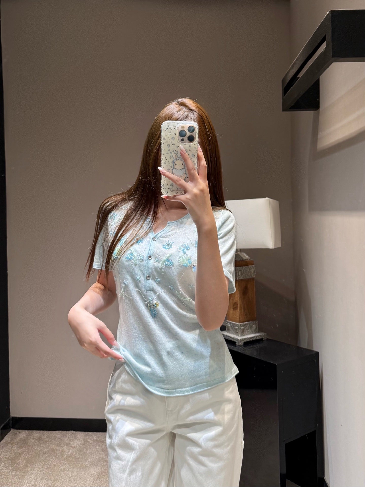 Floral Embroidered Henley Neck Knit Top