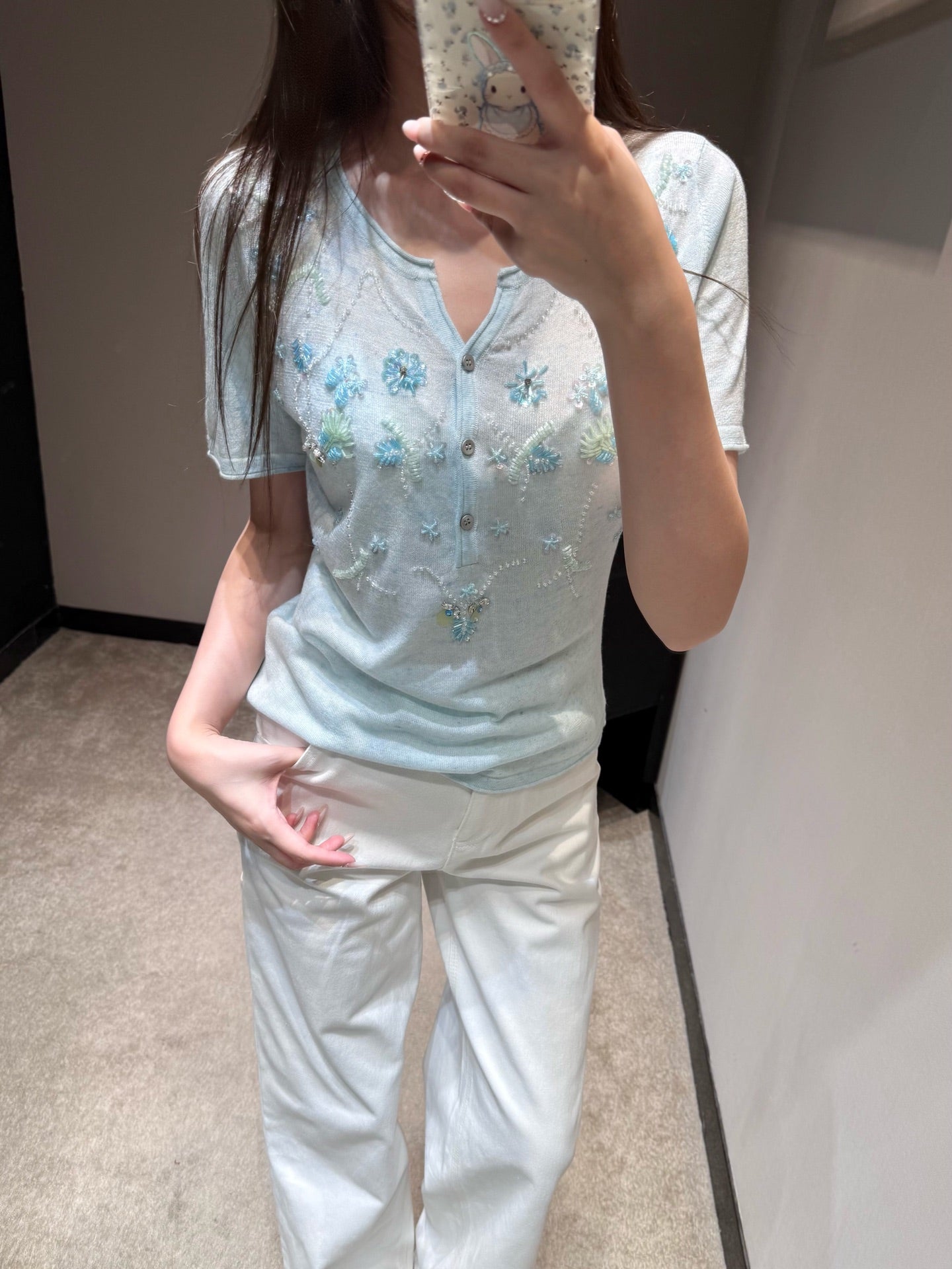 Floral Embroidered Henley Neck Knit Top