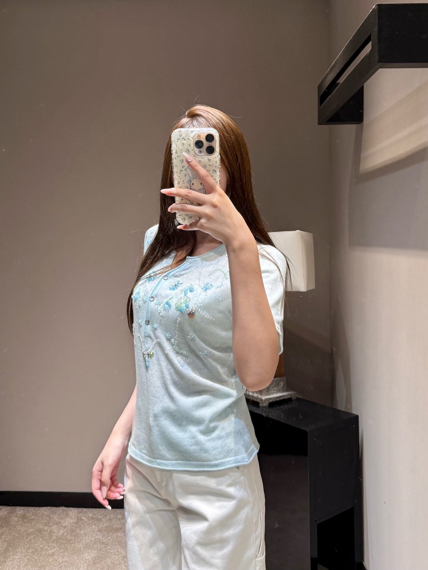 Floral Embroidered Henley Neck Knit Top